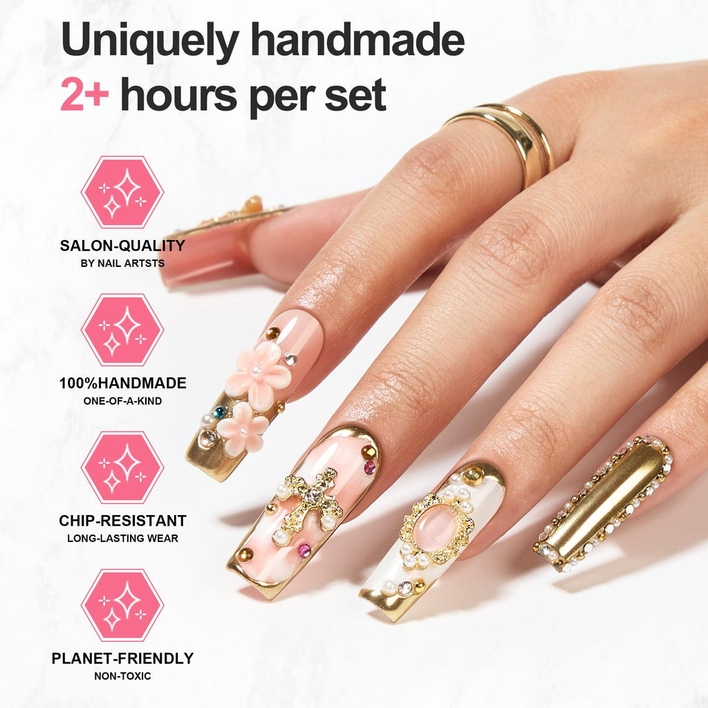 Homsera Opulent Handmade Press-On Nails – Intricate Square Nails for Weddings & Events