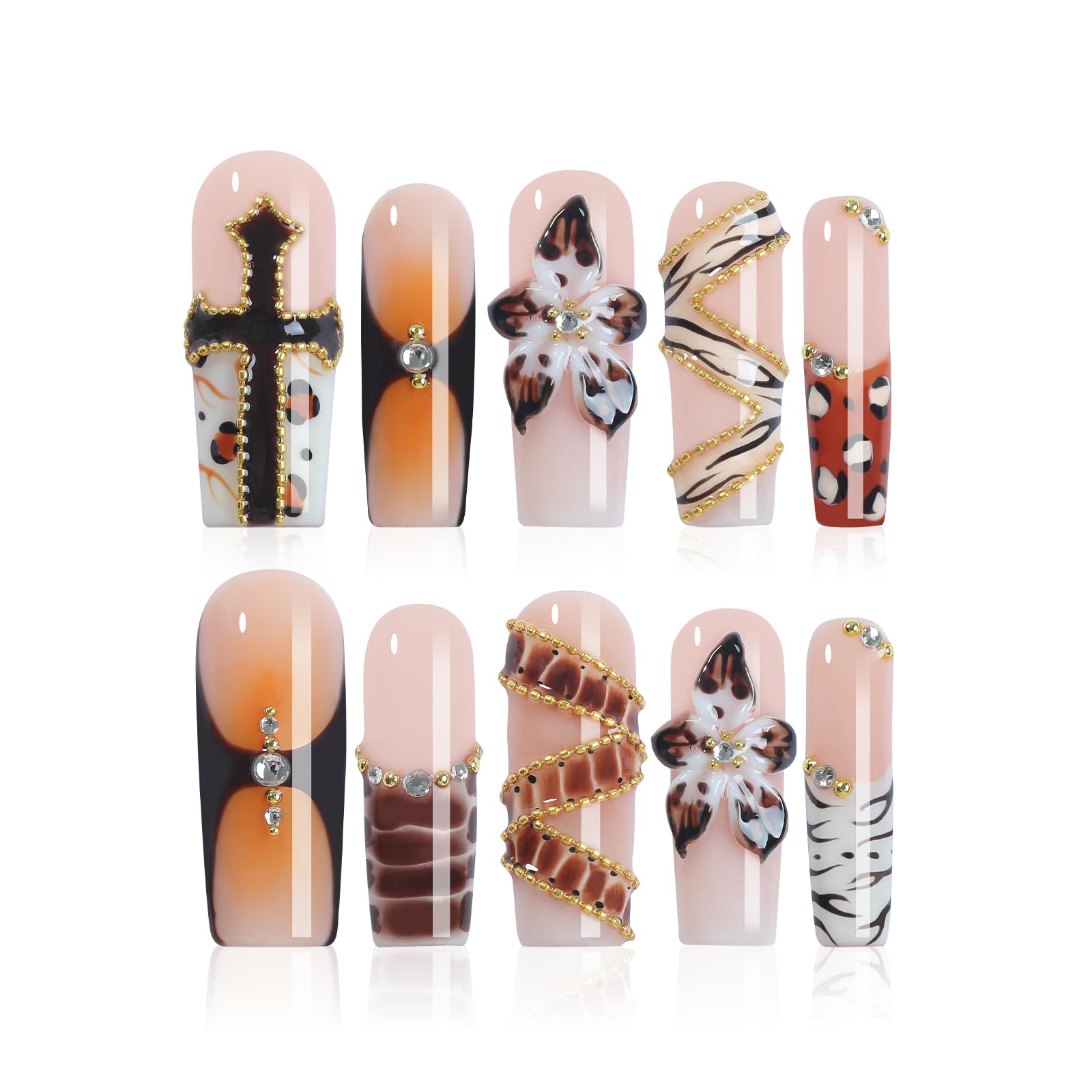 Homsera Press-On Nails – 3D Floral Motifs, Handmade Long Nails for Modern Elegance