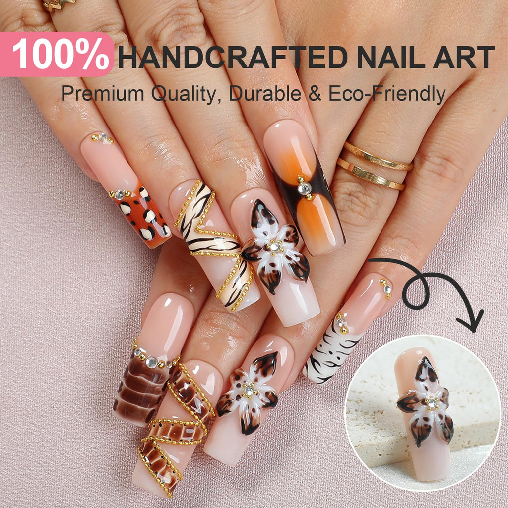 Homsera Press-On Nails – 3D Floral Motifs, Handmade Long Nails for Modern Elegance