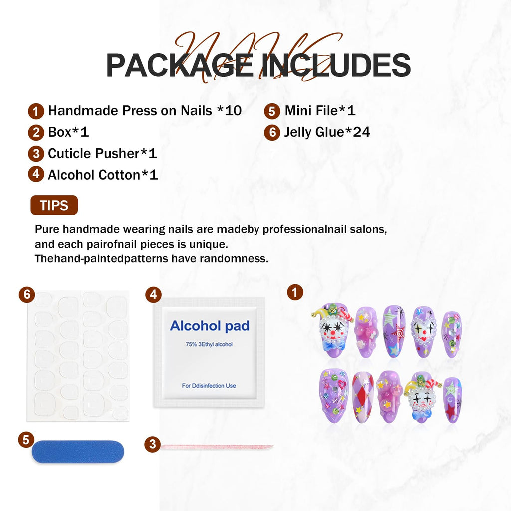 Homsera Handmade Press On Nails – Almond Shape, French Tips, 3D Joker Design, Reusable 10 Pcs