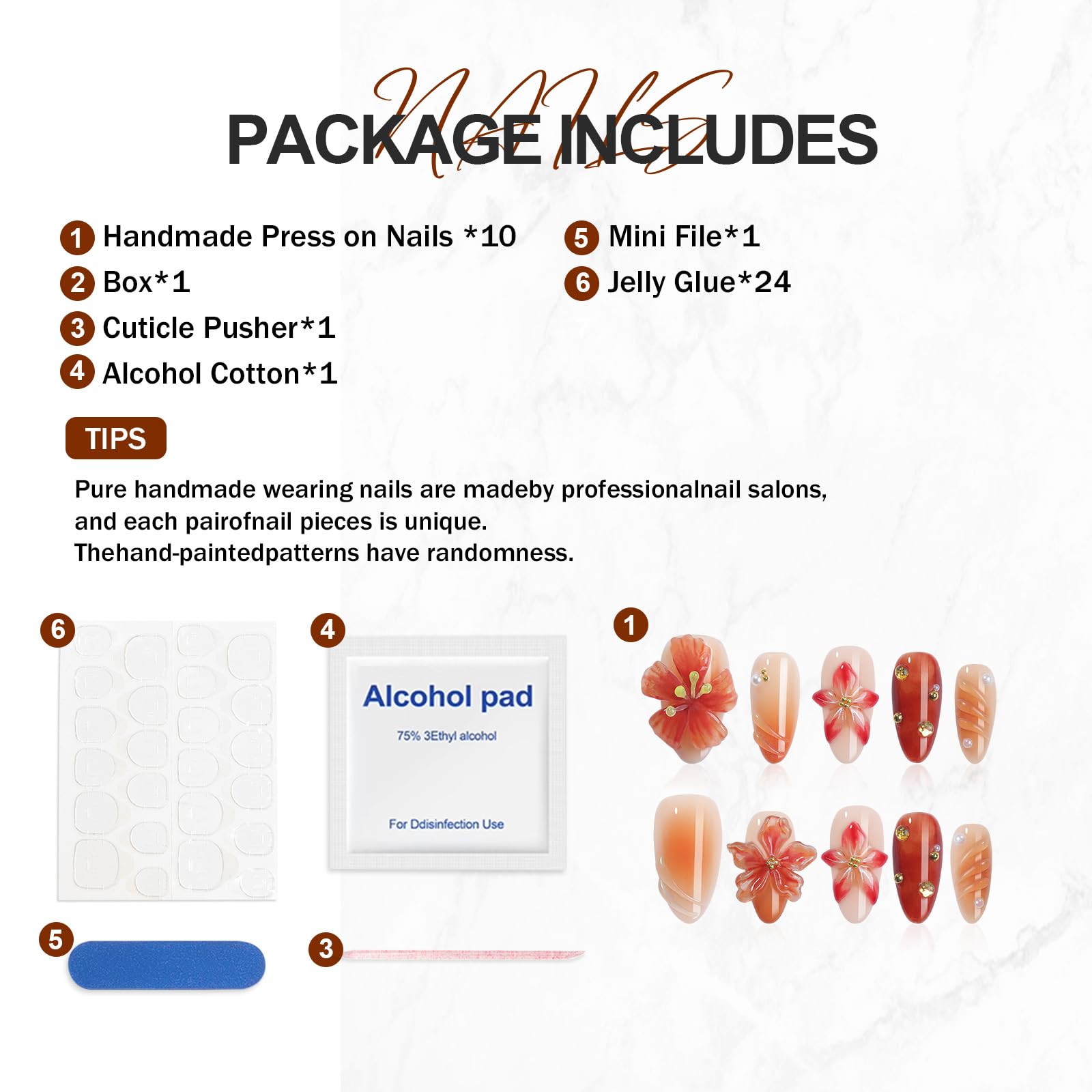 Homsera Handmade Almond Press-On Nails – French Tips, 3D Flowers & Rhinestones, Short & Reusable, Fall/Winter Collection, 10 Pcs