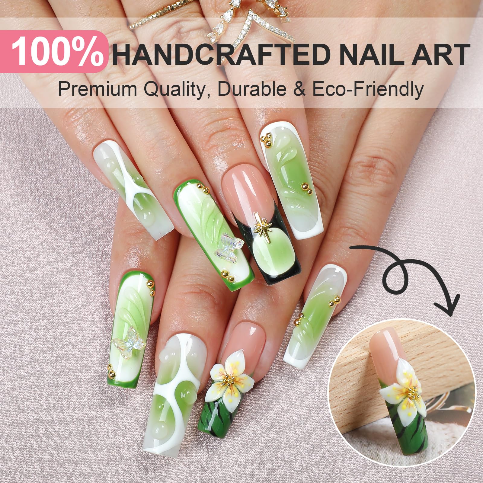 Homsera Press On Nails - Verdant Canopy Square Handmade Nails for Garden Parties & Spring Events