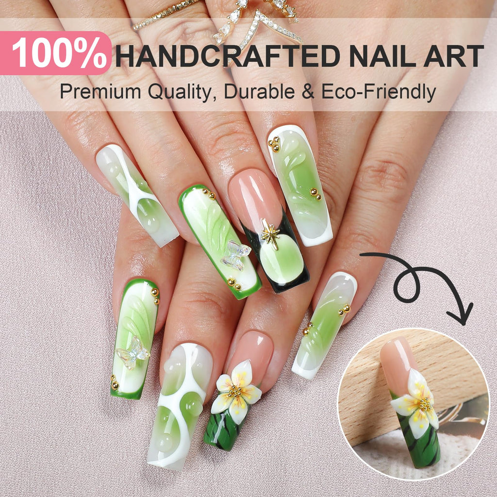 Homsera Press on Nails - Verdant Canopy Square Nails for Garden Parties & Spring Events