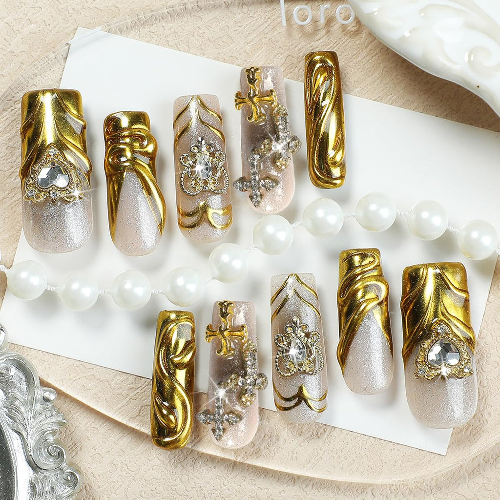 Homsera Handmade XL Press-On Nails – Gold French Tips with 3D Cross Heart Charms