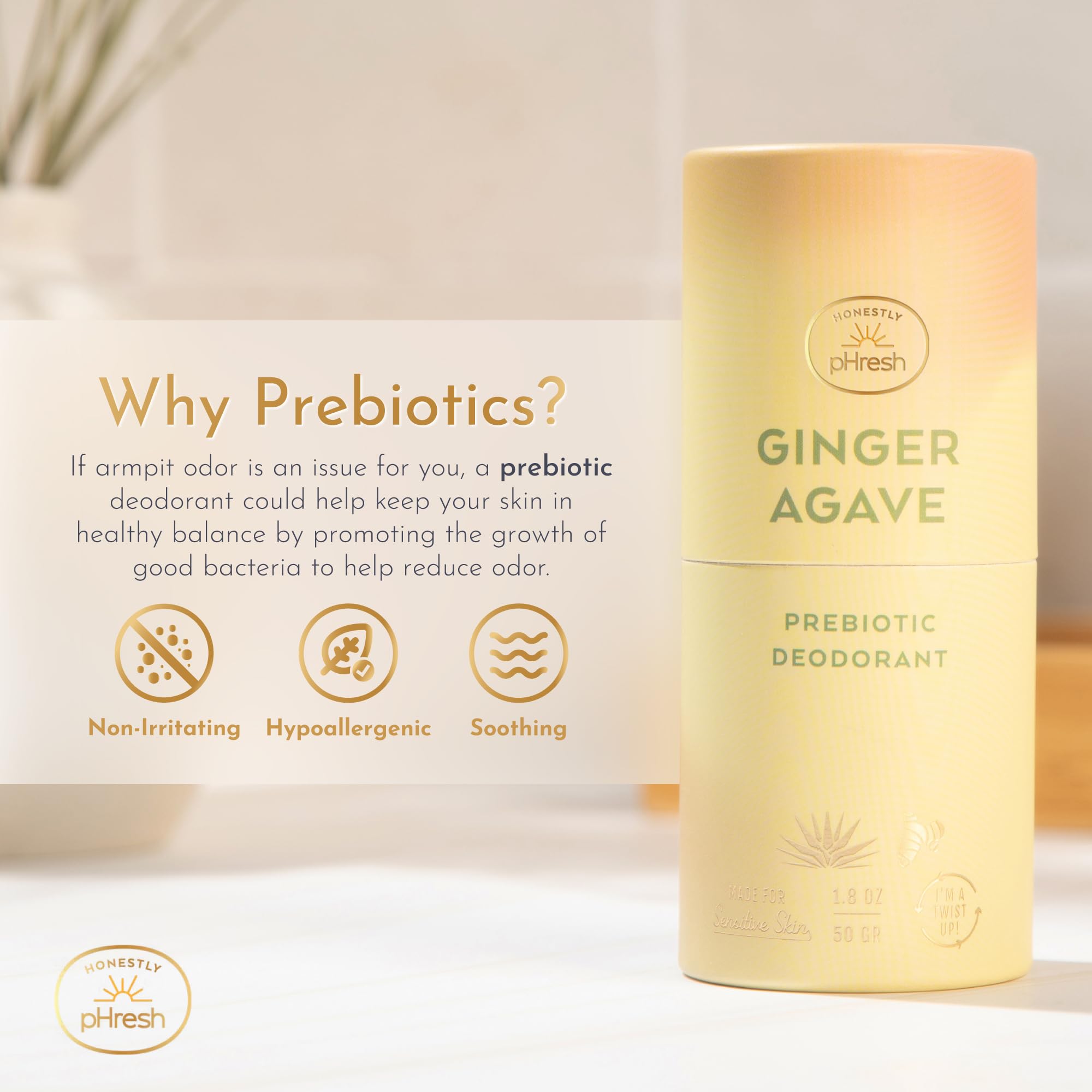 Honestly pHresh Twist-Up Deodorant — Baking Soda Free, Prebiotic Formula, Aluminum Free | Ginger Agave