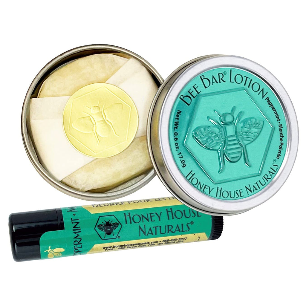 Honey House Naturals 2 Piece Gift Set | All-Natural Moisturizing Bee Bar & Lip Butter, Peppermint | Made in USA