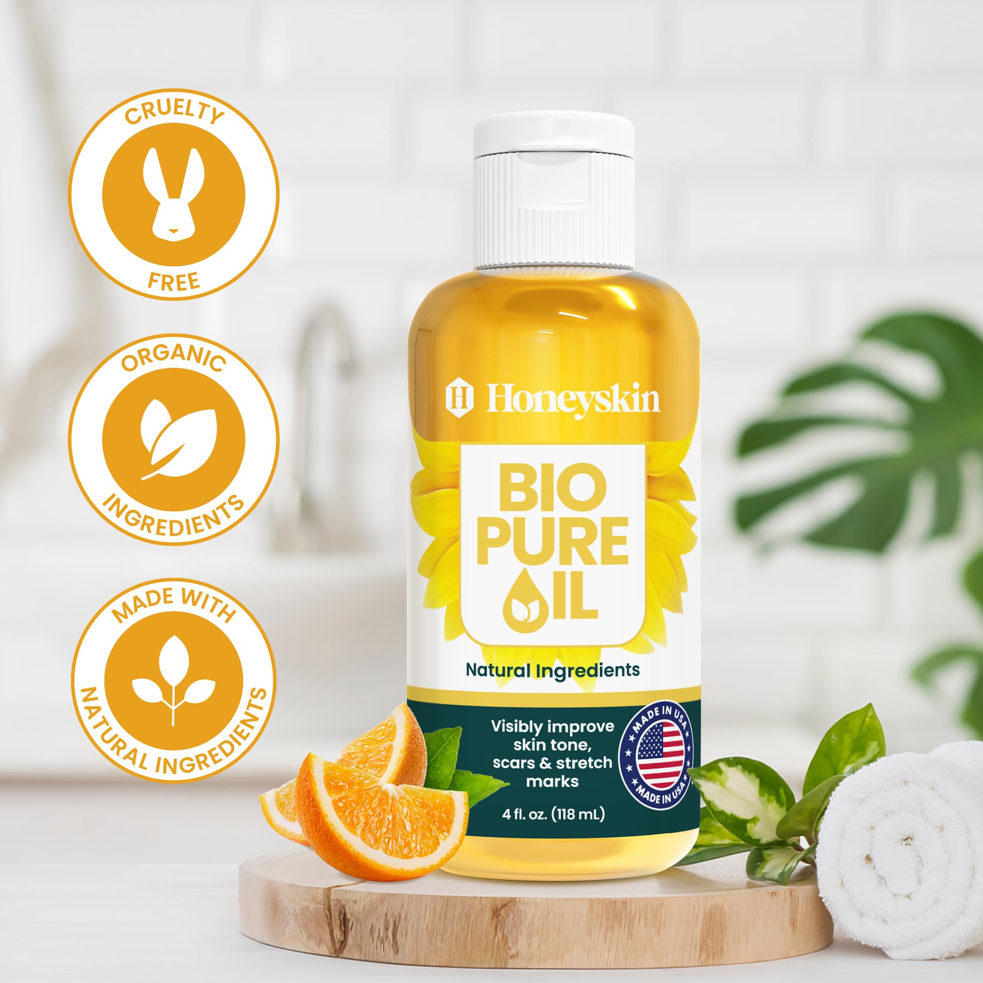 Honeyskin Bio Pure Skincare Oil | Hydration for Dry Skin, Pregnancy Stretch Marks, Scars, 4oz