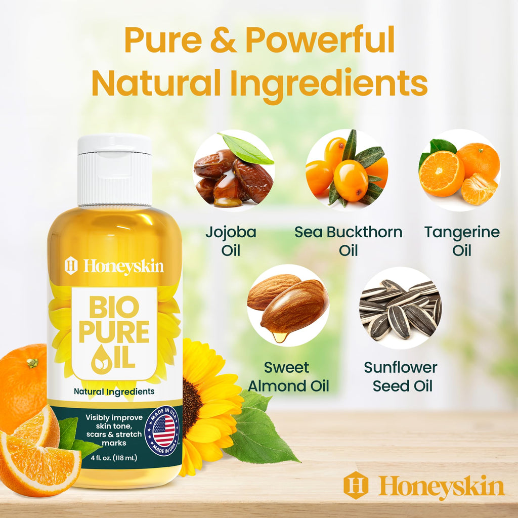 Honeyskin Bio Pure Skincare Oil | Hydration for Dry Skin, Pregnancy Stretch Marks, Scars, 4oz
