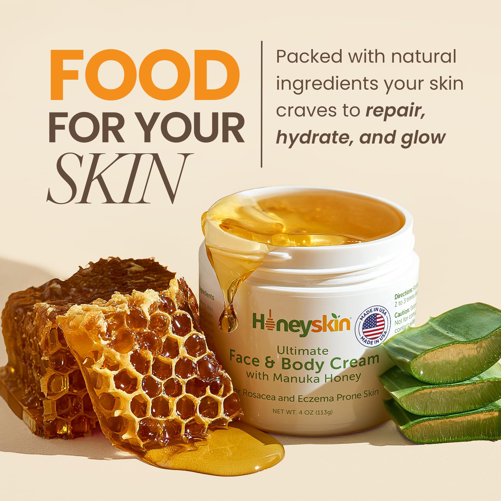 Honeyskin Hydrating Face Moisturizer & Body Cream with Manuka Honey – Organic Moisturizer for Extremely Dry Skin | 4 oz