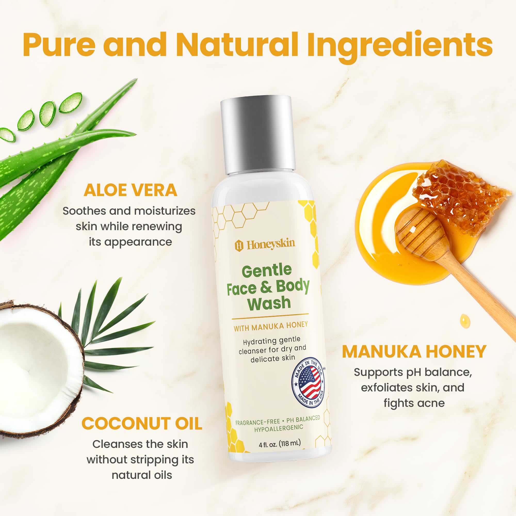 Honeyskin Face & Body Wash with Manuka Honey | Hydrating Cleanser for Sensitive Skin (4oz)