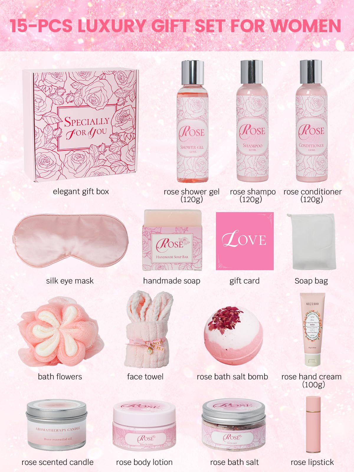 honiitaa Rose Spa Set – 16-Piece Valentine’s Gift for Her