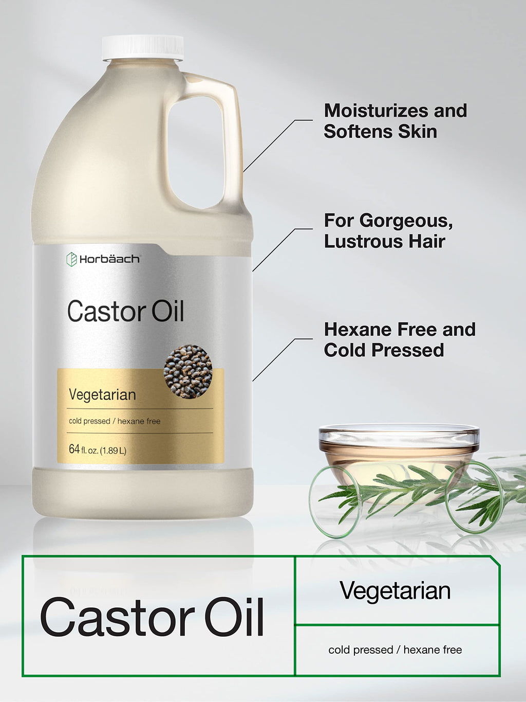 Horbäach Castor Oil 64oz | Hexane-Free, Cold-Pressed, Vegetarian, Non-GMO