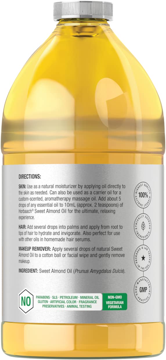 Horbäach Sweet Almond Oil 64-oz – Cold-Pressed, Hexane-Free Carrier Oil for Hair & Skin | Vegan, Non-GMO, Cruelty-Free