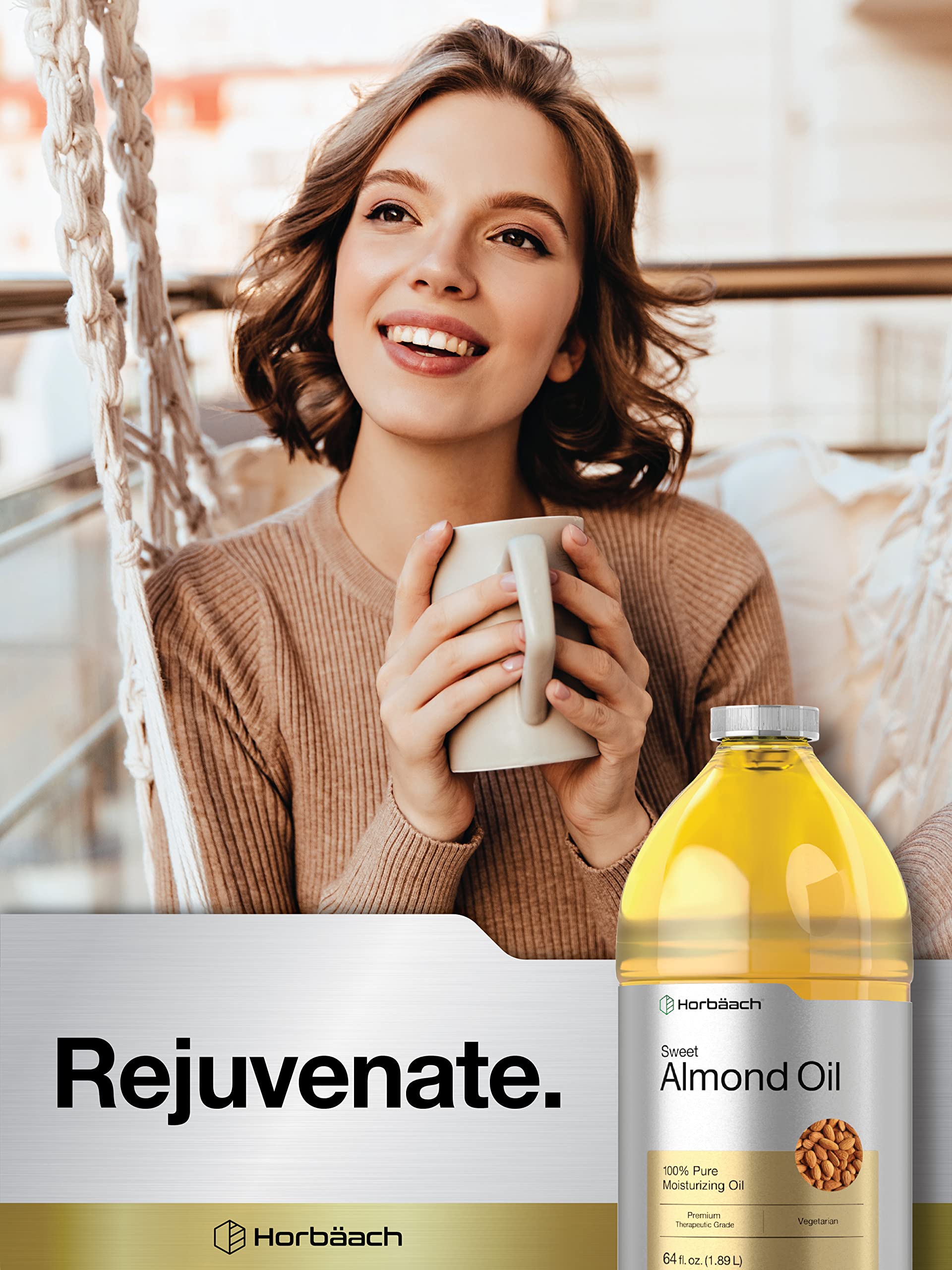 Horbäach Sweet Almond Oil 64-oz – Cold-Pressed, Hexane-Free Carrier Oil for Hair & Skin | Vegan, Non-GMO, Cruelty-Free