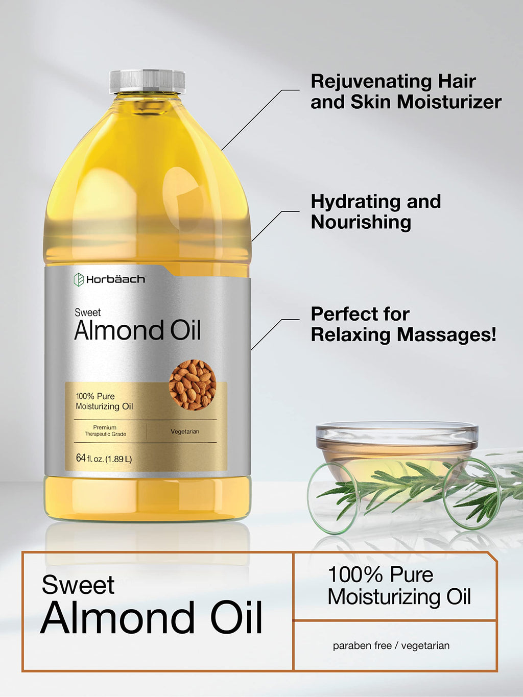 Horbäach Sweet Almond Oil 64-oz – Cold-Pressed, Hexane-Free Carrier Oil for Hair & Skin | Vegan, Non-GMO, Cruelty-Free