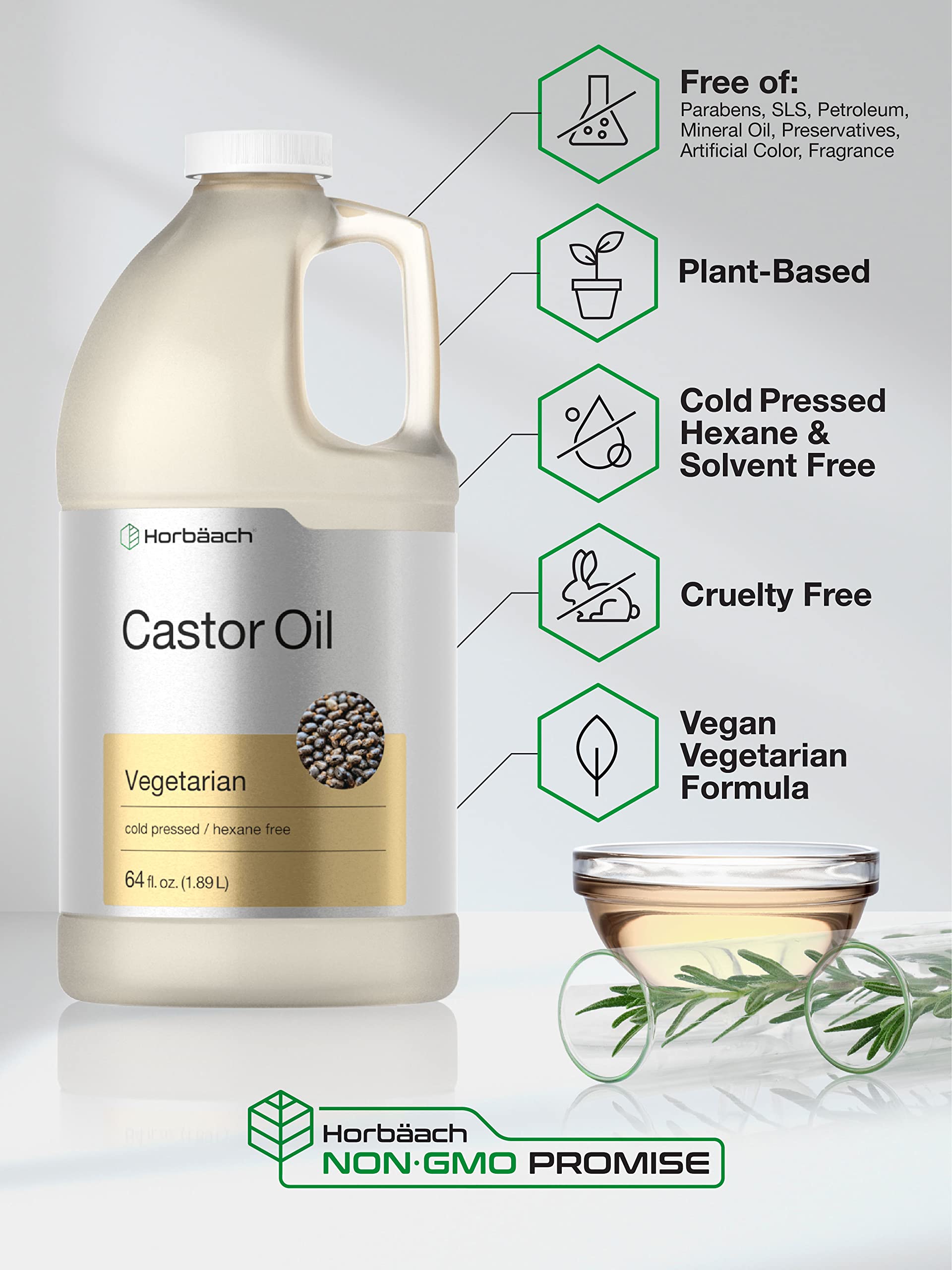 Horbäach Castor Oil 64oz | Hexane-Free, Cold-Pressed, Vegetarian, Non-GMO