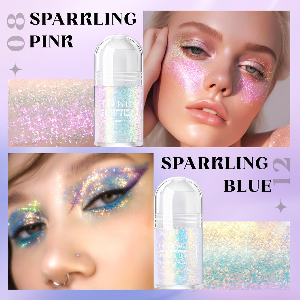 HOSAILY 2 Colors Roll-On Body Glitter Gel – Pink & Blue Holographic Sparkle for Face, Hair & Body
