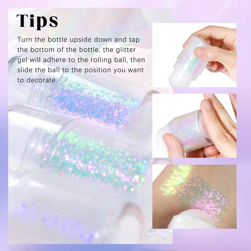 HOSAILY 2 Colors Roll-On Body Glitter Gel – Pink & Blue Holographic Sparkle for Face, Hair & Body