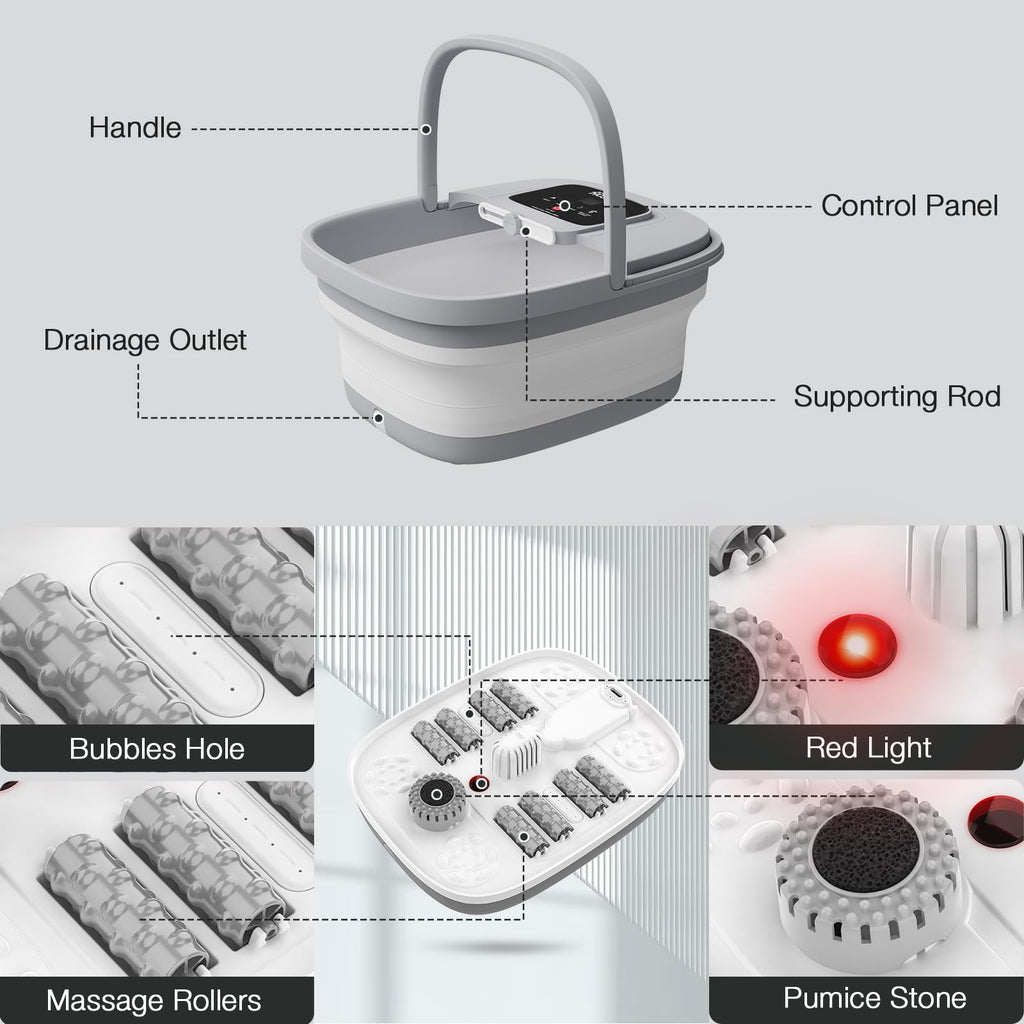 HOSPAN Collapsible Foot Spa with Heat, Bubble, Red Light, and 8 Shiatsu Rollers