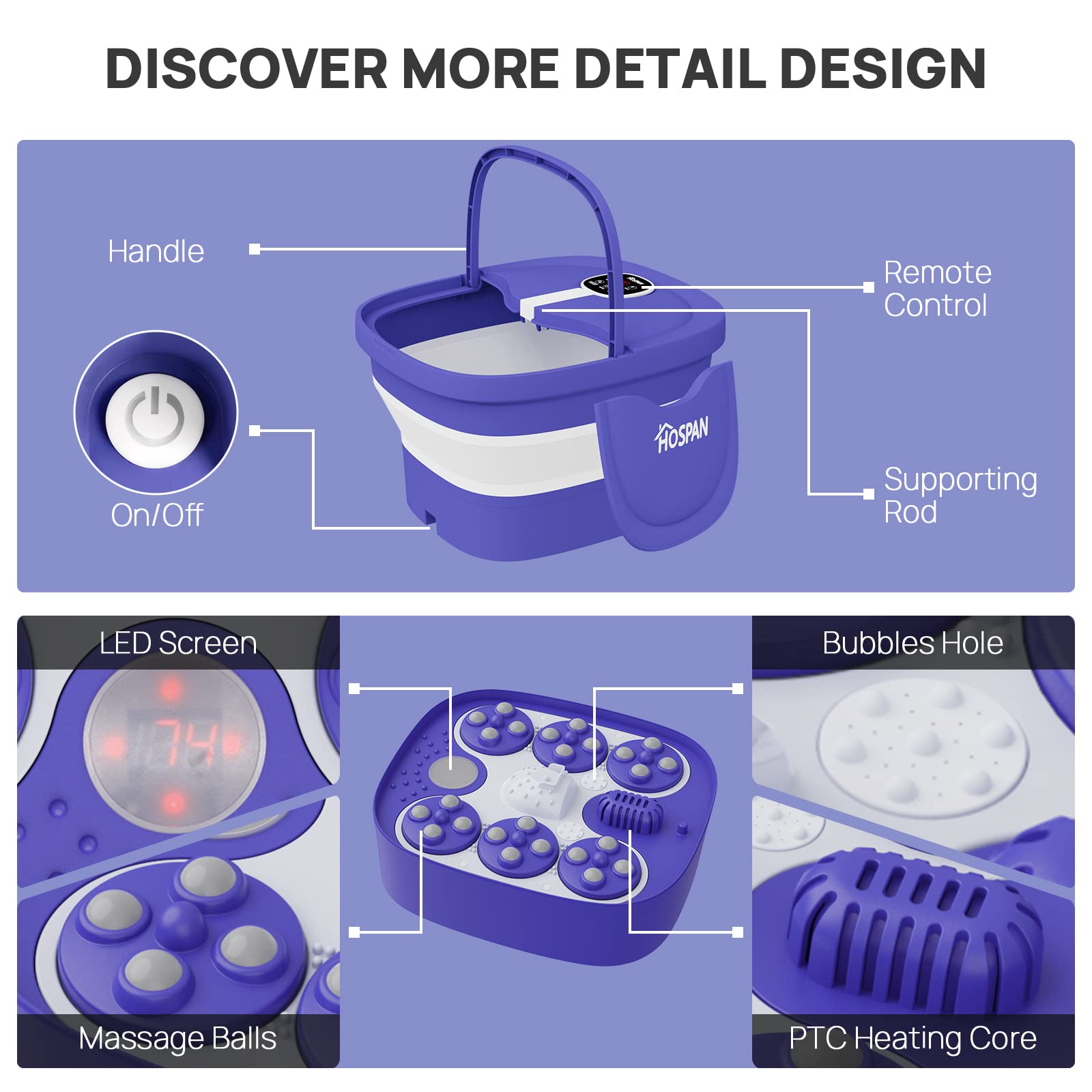 HOSPAN FS02A Collapsible Foot Spa — Electric Rotary Massage, Heat, Bubble, Remote