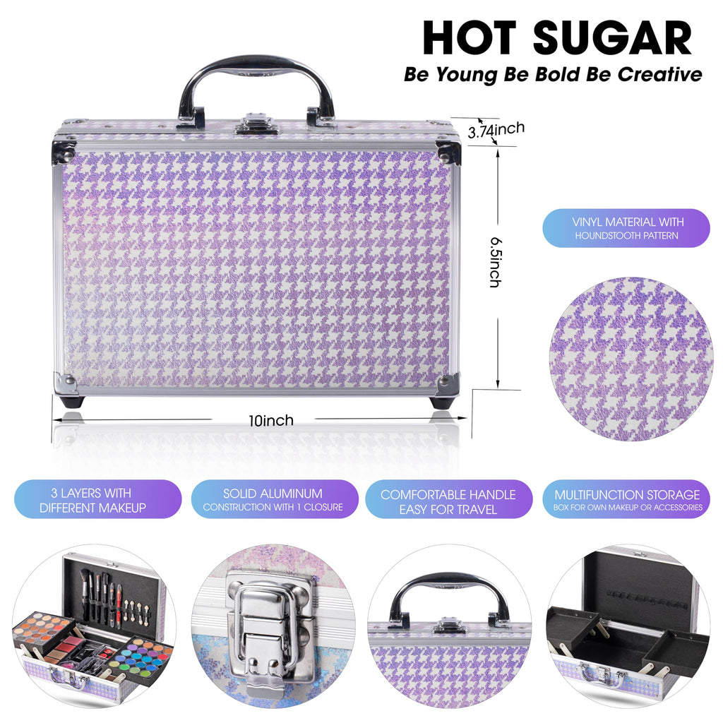 Hot Sugar Teen Makeup Kit – 40-Piece Beginner Set in Aluminum Case (Purple Houndstooth)