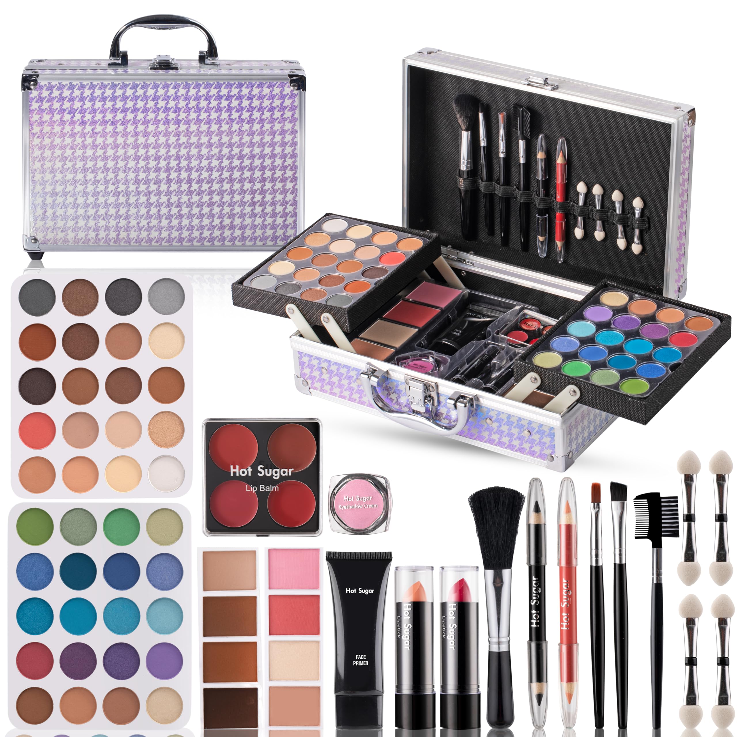 Hot Sugar Teen Makeup Kit – 40-Piece Beginner Set in Aluminum Case (Purple Houndstooth)