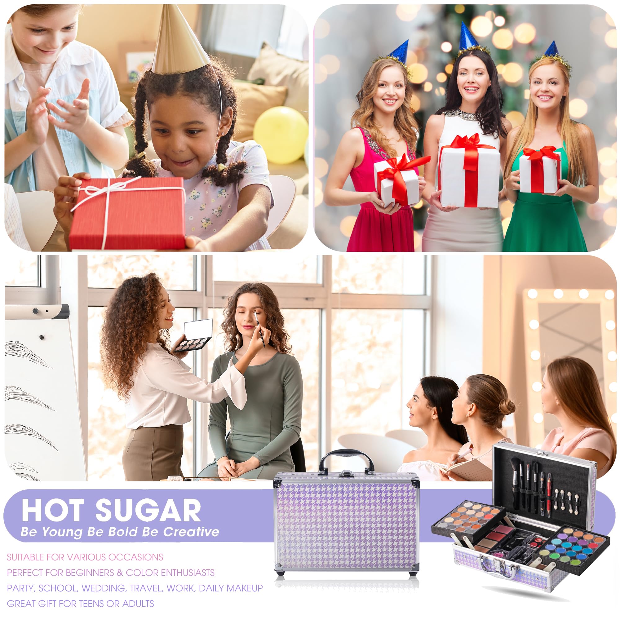 Hot Sugar Teen Makeup Kit – 40-Piece Beginner Set in Aluminum Case (Purple Houndstooth)