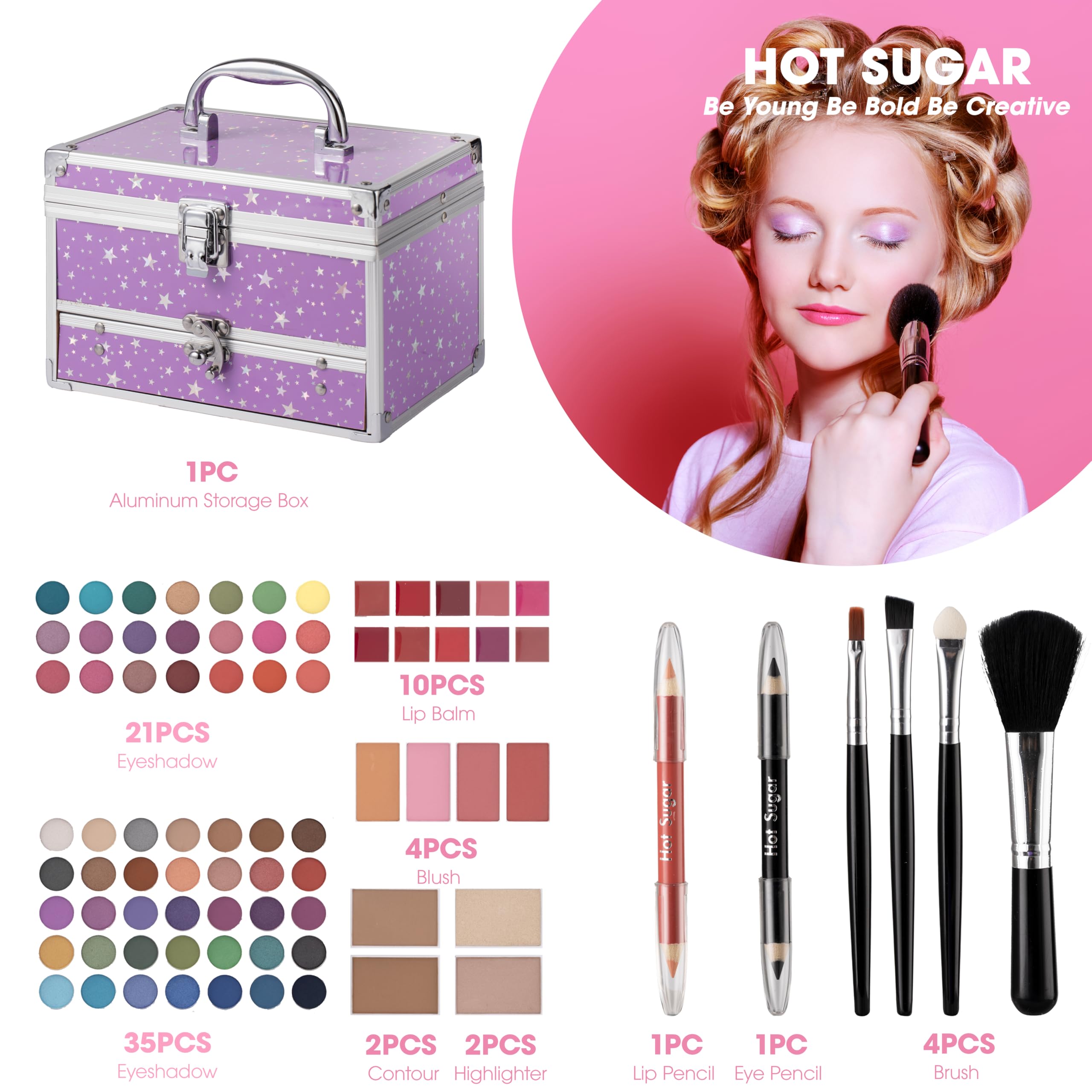 Hot Sugar Teen Makeup Kit with Train Case – Portable Beginner Set (Purple)