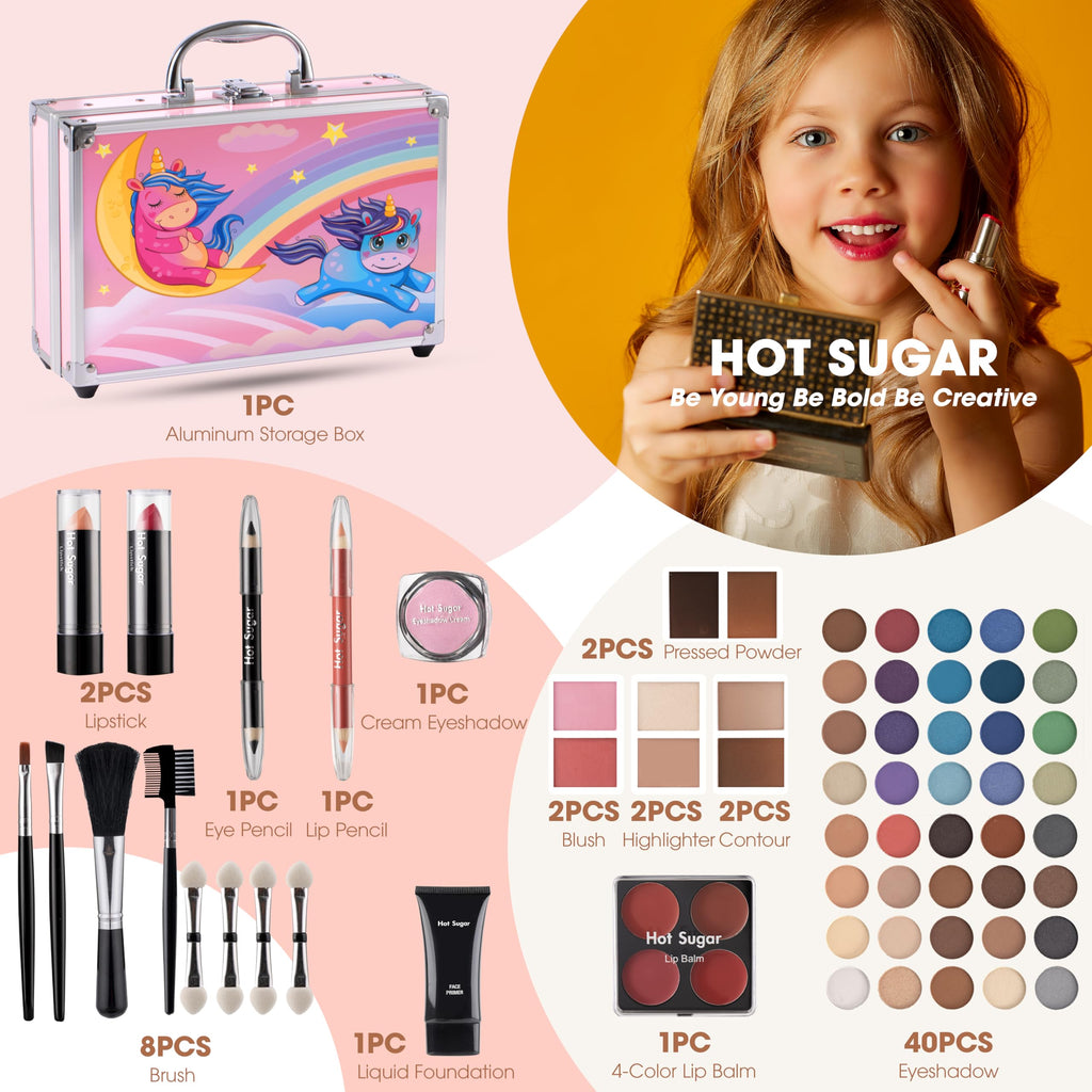 Hot Sugar Makeup Kit for Kids – Beginner 40-Piece Set in Unicorn Aluminum Box