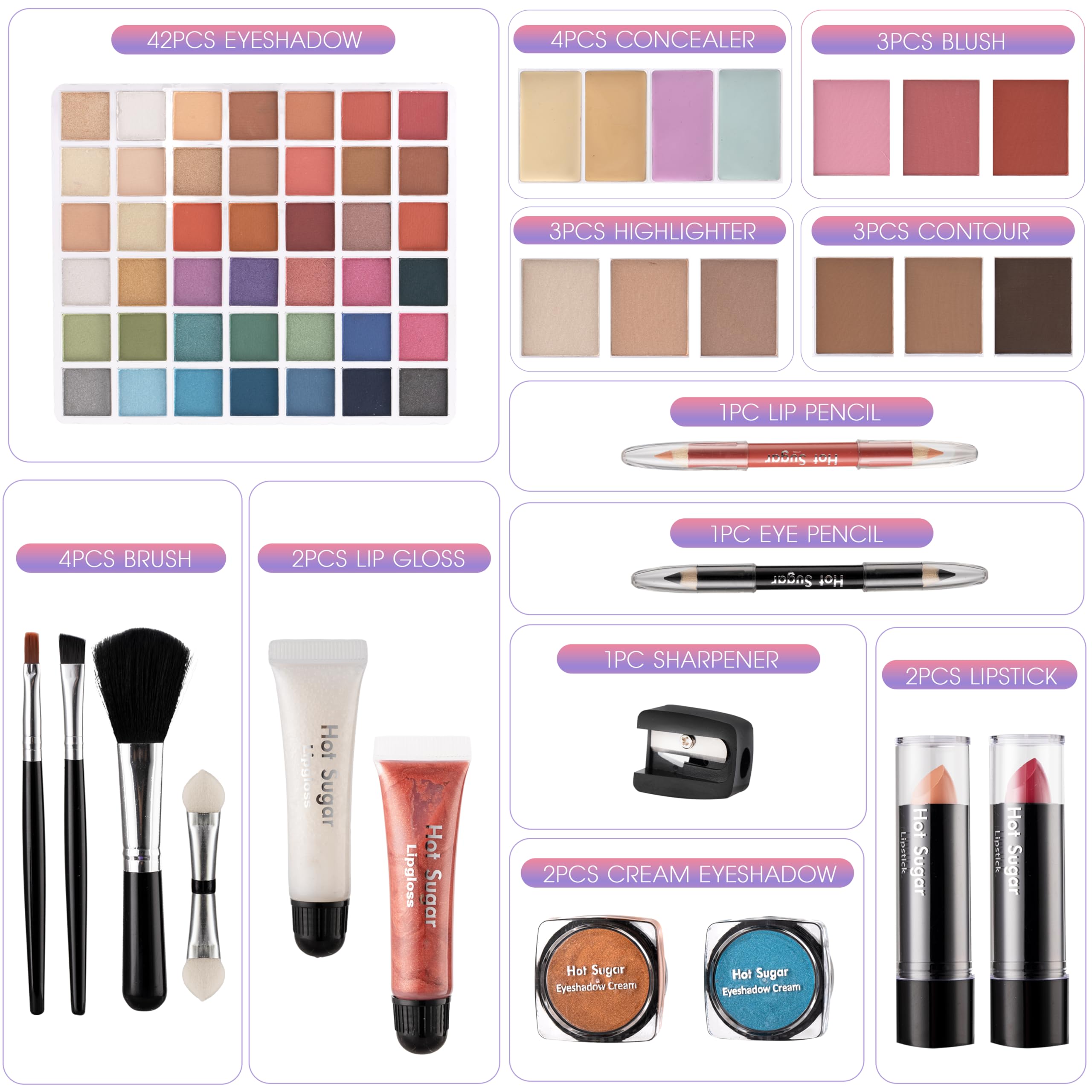 Hot Sugar Teen Makeup Kit for Girls 13-15 – 42-Piece Colorful Set with Purple Train Case