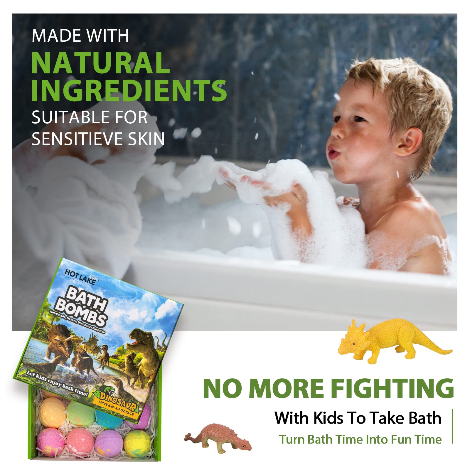 HOTLAKE Dinosaur Bath Bombs Gift Set – 16 Organic Kids Bath Bombs with Toys Inside