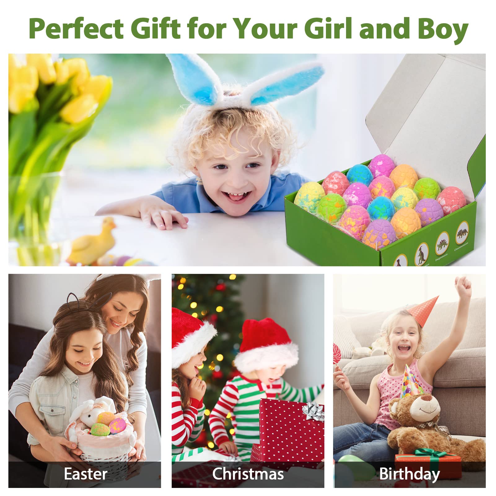 HOTLAKE Dinosaur Bath Bombs Gift Set – 16 Organic Kids Bath Bombs with Toys Inside