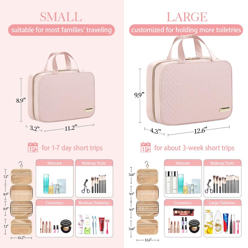 HOTOR Travel Toiletry Bag - Hanging, Large Compartments, Waterproof - Pale Pink