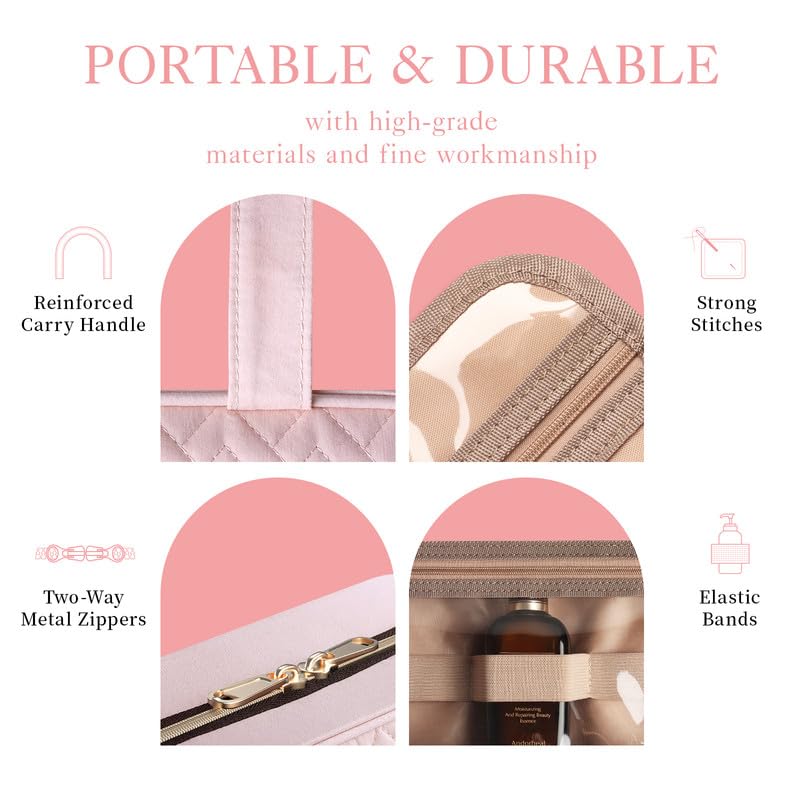 HOTOR Travel Toiletry Bag - Hanging, Large Compartments, Waterproof - Pale Pink