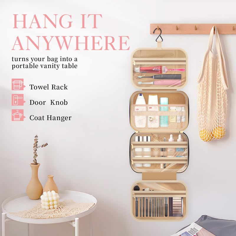 HOTOR Travel Toiletry Bag - Hanging, Large Compartments, Waterproof - Pale Pink