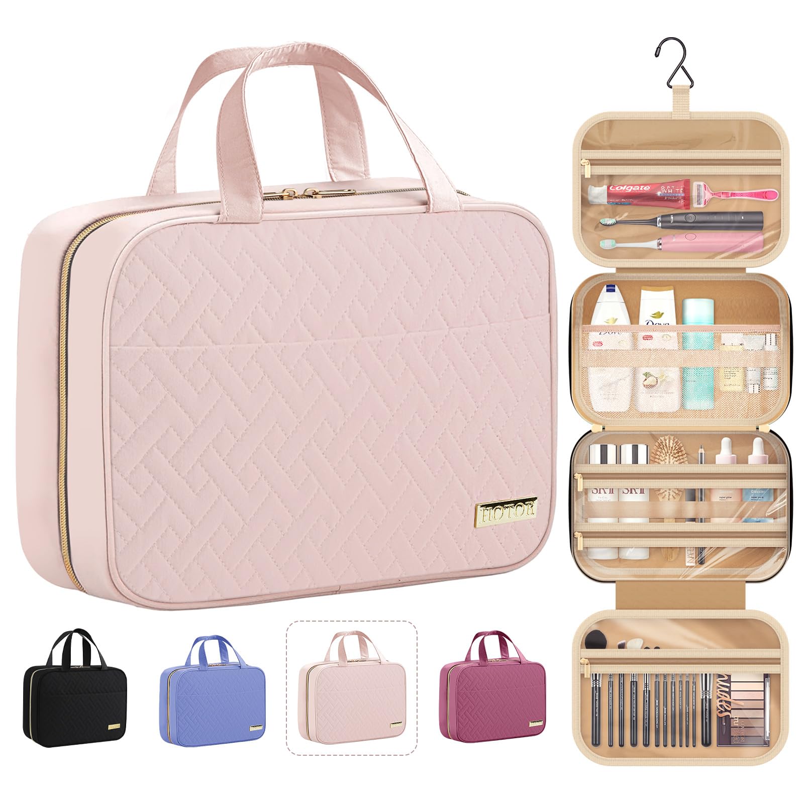 HOTOR Travel Toiletry Bag - Hanging, Large Compartments, Waterproof - Pale Pink