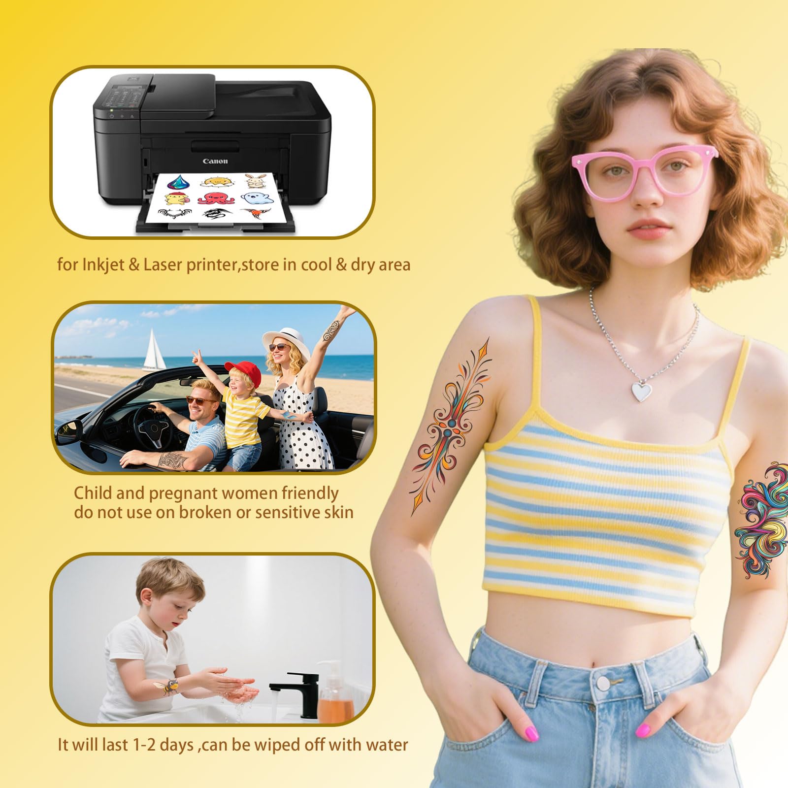 Hoxemator Temporary Tattoo Paper — Printable 8.5x11, Laser & Inkjet, 15 Sheets | DIY Tattoos for Parties