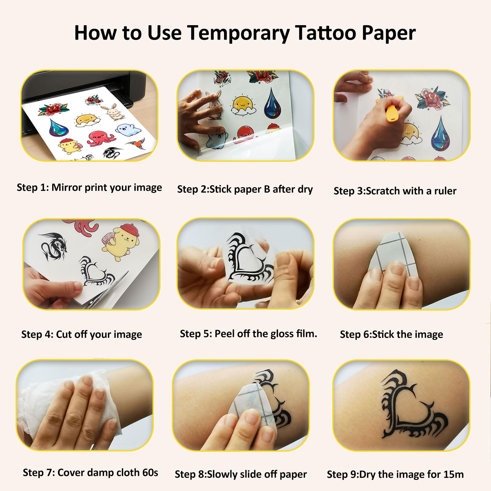 Hoxemator Temporary Tattoo Paper — Printable 8.5x11, Laser & Inkjet, 15 Sheets | DIY Tattoos for Parties