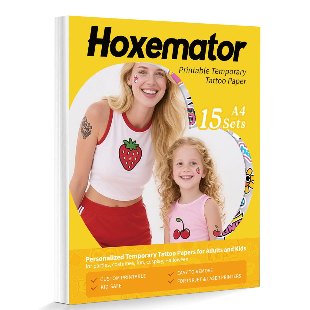 Hoxemator Temporary Tattoo Paper — Printable 8.5x11, Laser & Inkjet, 15 Sheets | DIY Tattoos for Parties