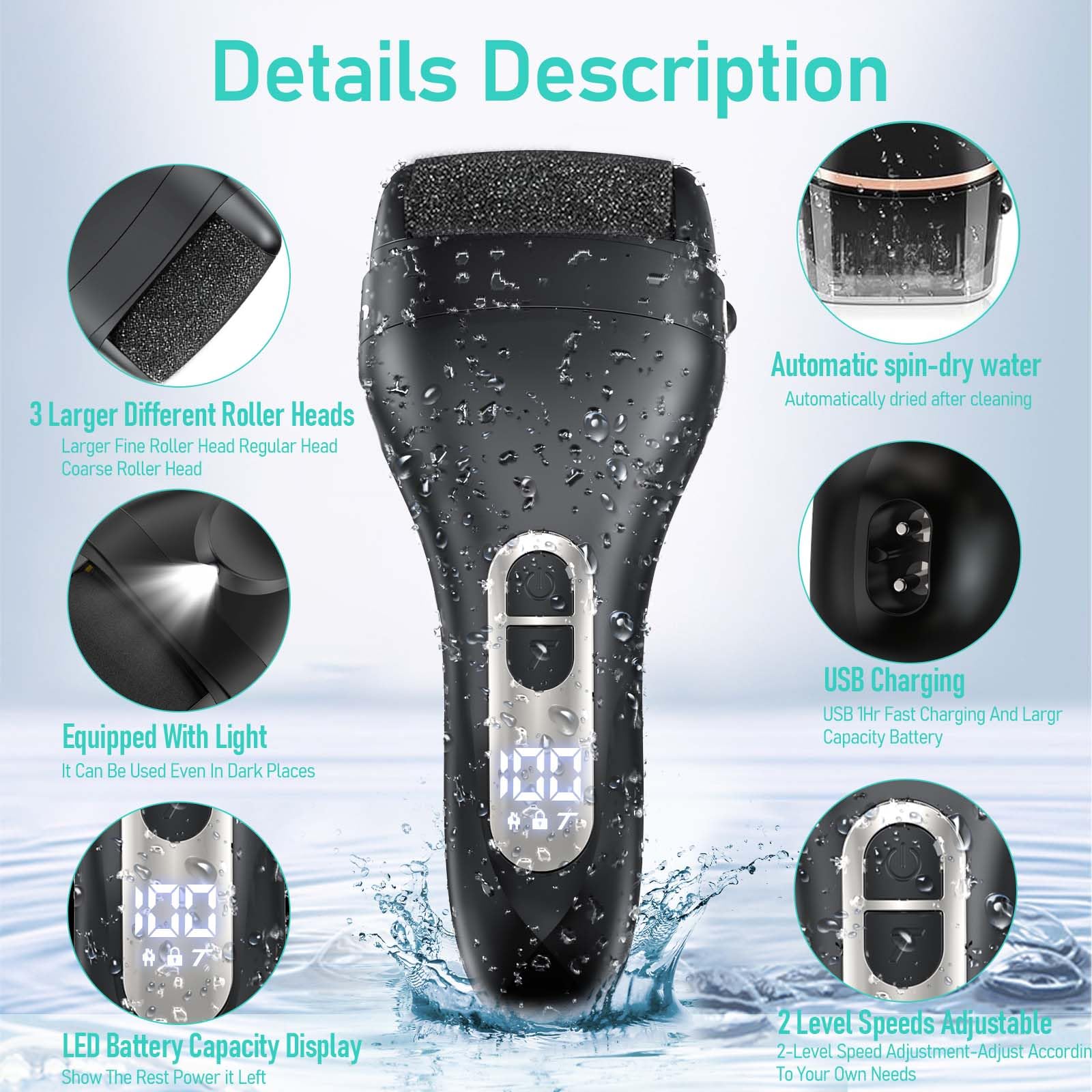 Hoxida Electric Callus Remover for Feet – Larger Grinding Head, USB Rechargeable, IPX7 Waterproof Foot File
