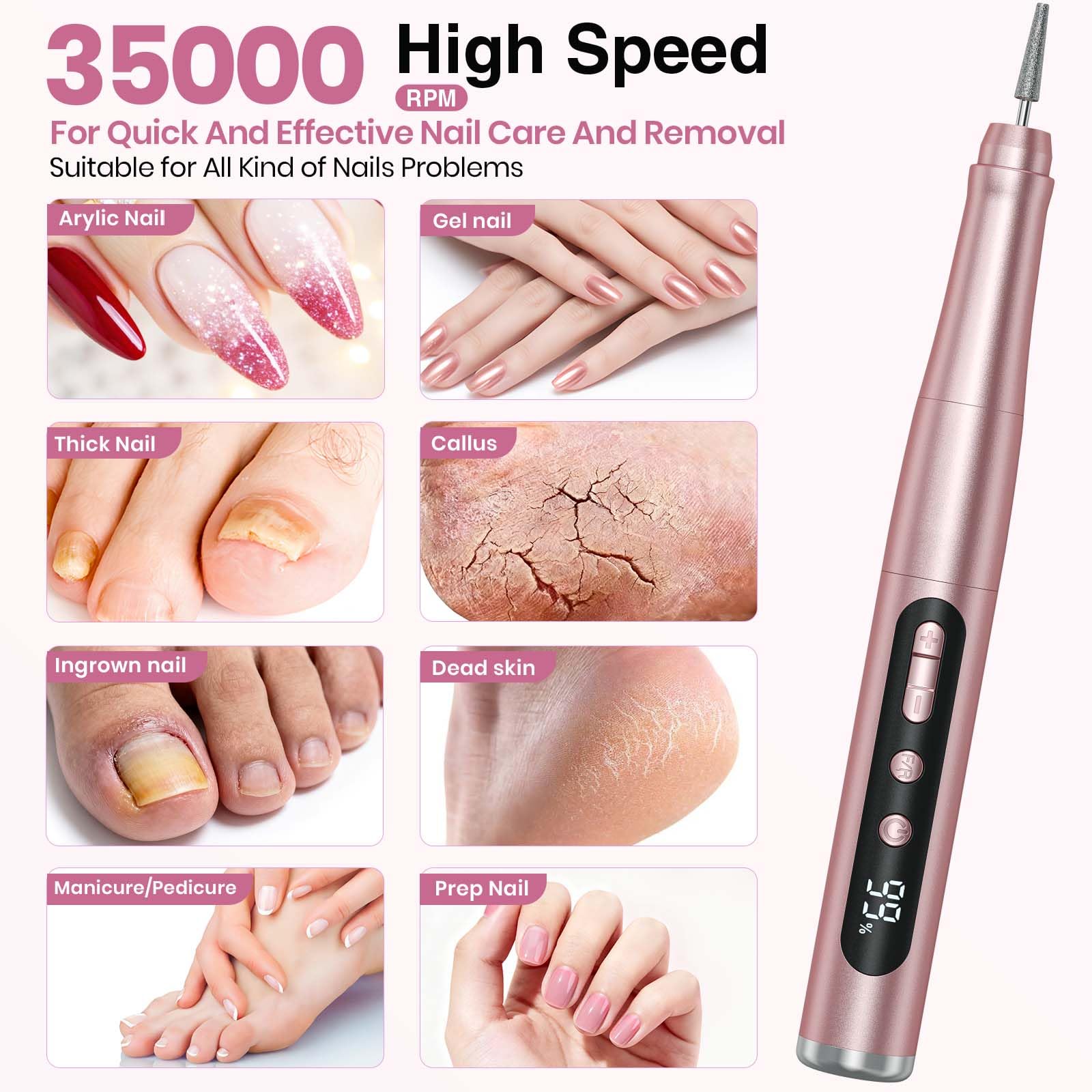 Hoxida Cordless Nail Drill 35000RPM – Portable Electric Nail File with LCD Display for Acrylic & Gel Nails