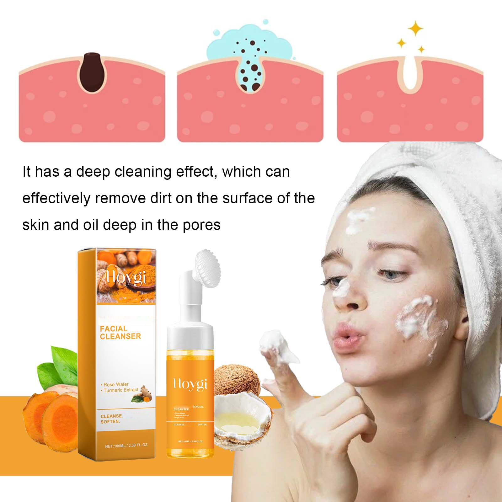 HOYGI Turmeric Face Wash with Brush – Foaming Cleanser for All Skin Types (2-Pack)