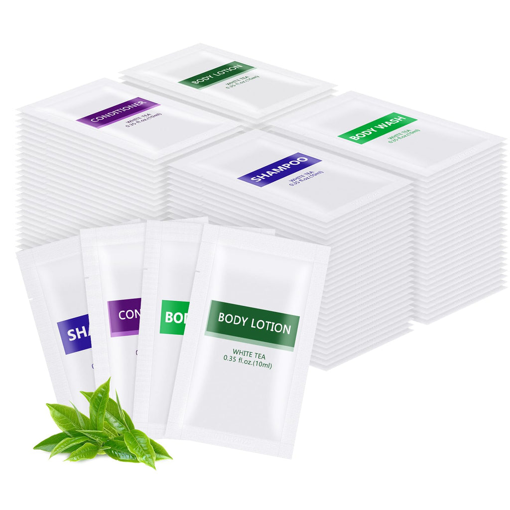 HQSLsund 4IN1 Travel Toiletries Set – 100 Pcs Bulk (10ml Each) – Body Wash, Shampoo, Conditioner, Lotion