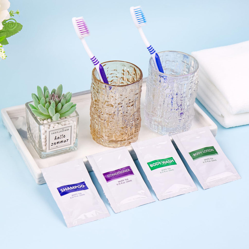 HQSLsund 4IN1 Travel Toiletries Set – 100 Pcs Bulk (10ml Each) – Body Wash, Shampoo, Conditioner, Lotion