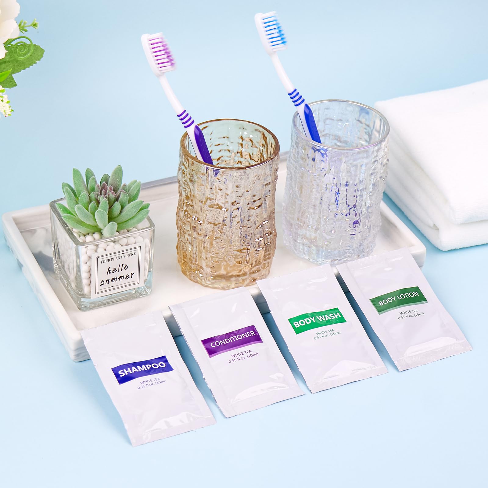 HQSLsund 4IN1 Travel Toiletries Set – 100 Pcs Bulk (10ml Each) – Body Wash, Shampoo, Conditioner, Lotion