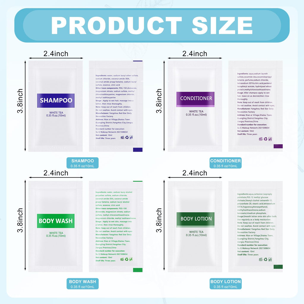 HQSLsund 4IN1 Travel Toiletries Set – 100 Pcs Bulk (10ml Each) – Body Wash, Shampoo, Conditioner, Lotion