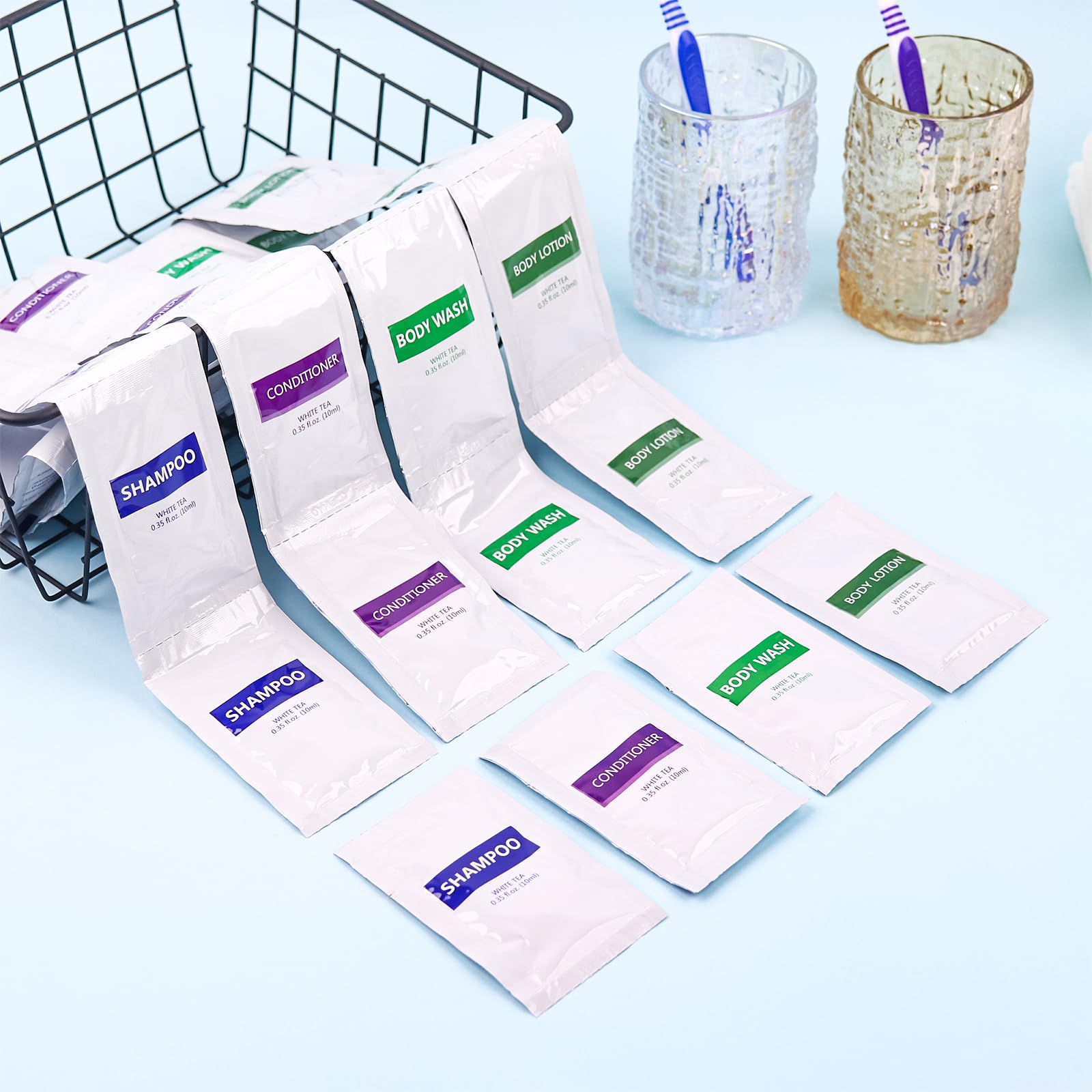 HQSLsund 4IN1 Travel Toiletries Set – 100 Pcs Bulk (10ml Each) – Body Wash, Shampoo, Conditioner, Lotion