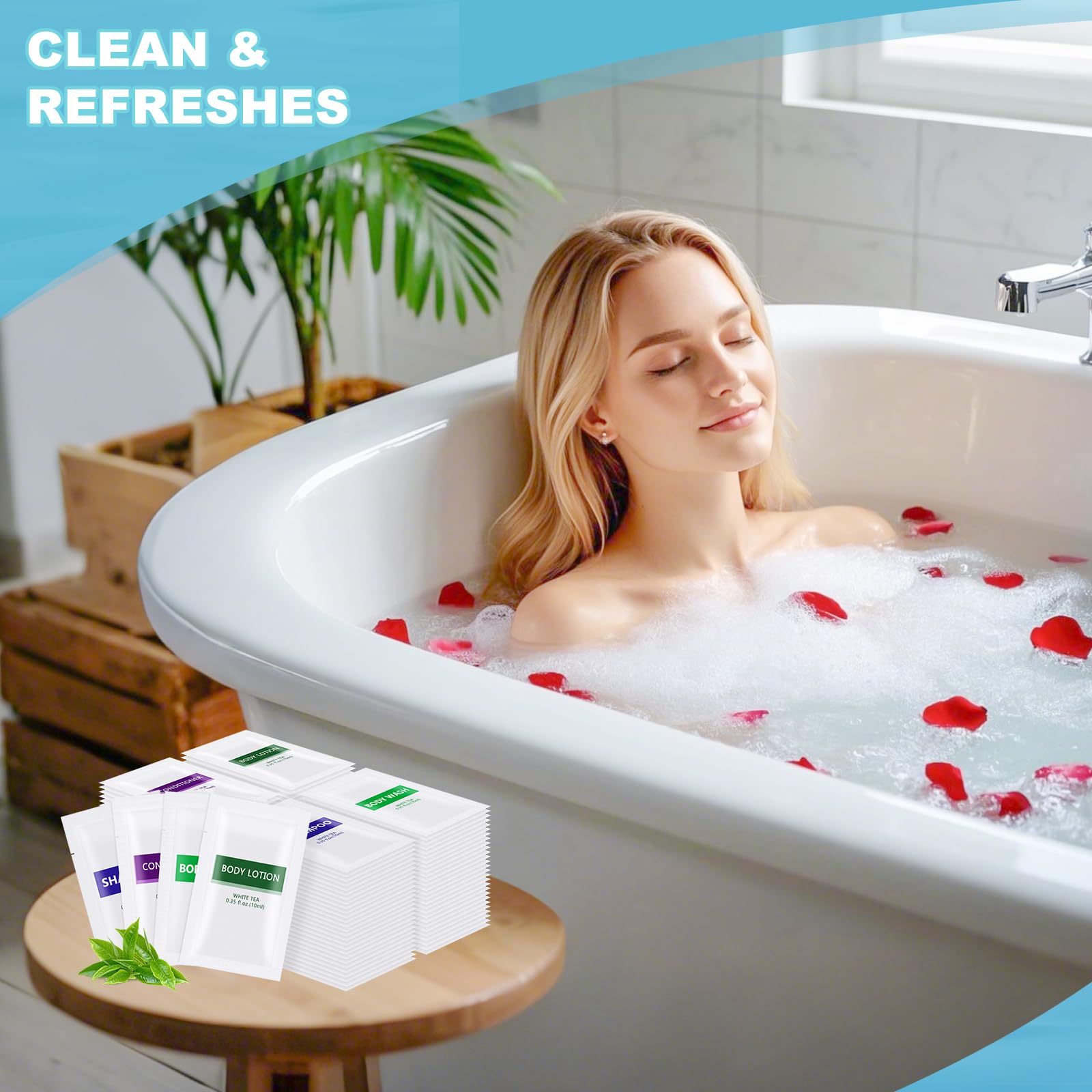 HQSLsund 4IN1 Travel Toiletries Set – 100 Pcs Bulk (10ml Each) – Body Wash, Shampoo, Conditioner, Lotion