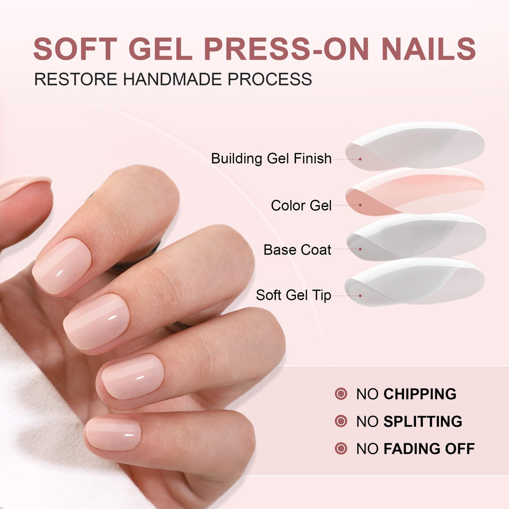 Hrnsnails Nude Press On Nails – Short Square Gel Kit (32 Pieces, Glue & Tools)
