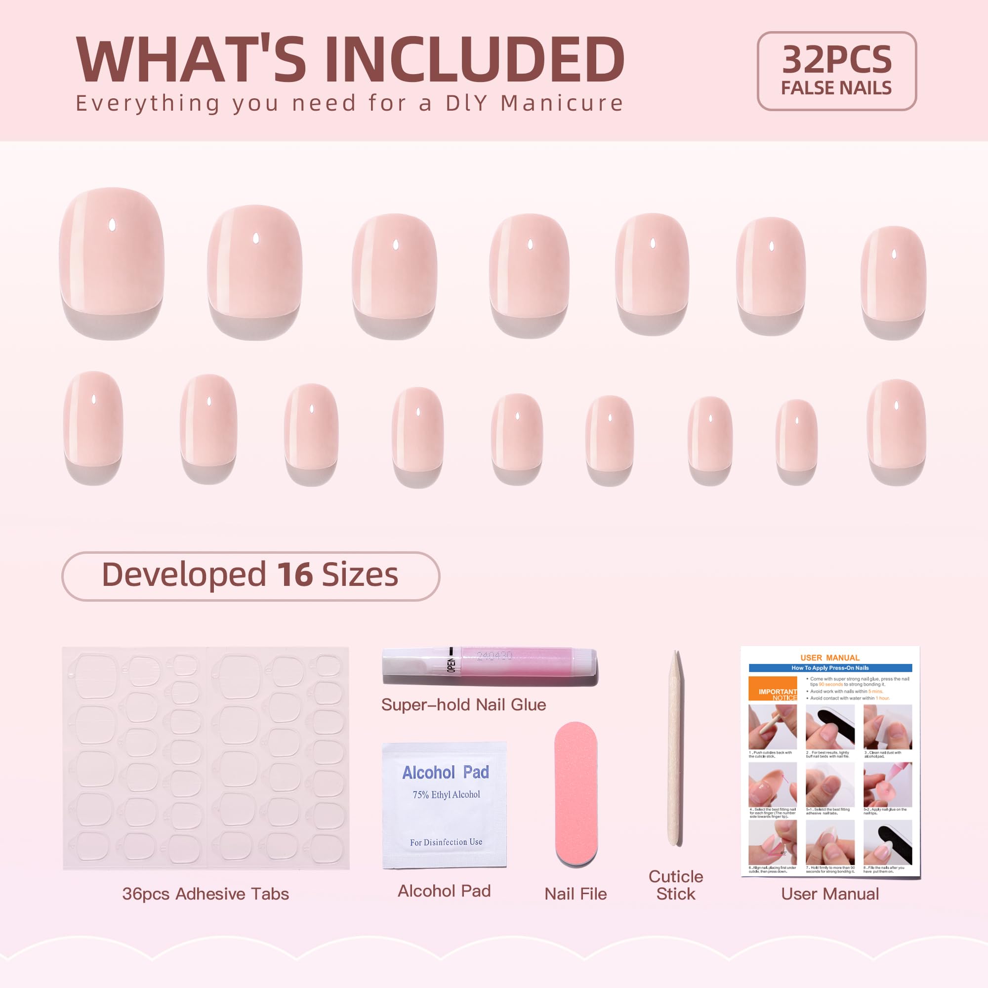 Hrnsnails Nude Press On Nails – Short Square Gel Kit (32 Pieces, Glue & Tools)